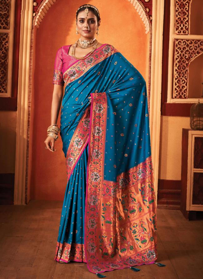 Banarasi Silk Sea Blue Wedding Wear Weaving Saree